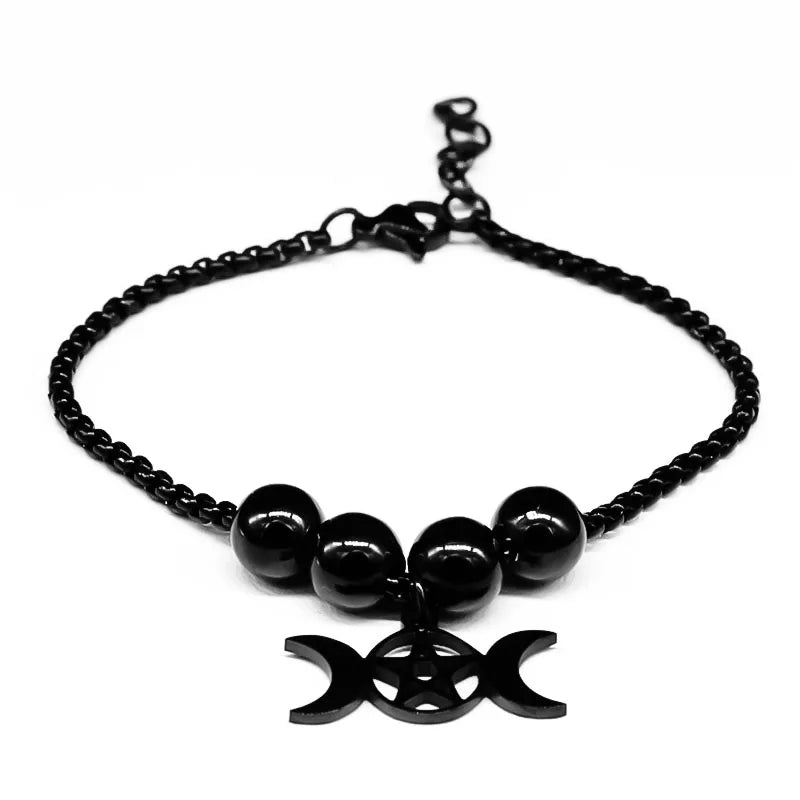 Black Bead Triple Moon Pentacle Bracelet