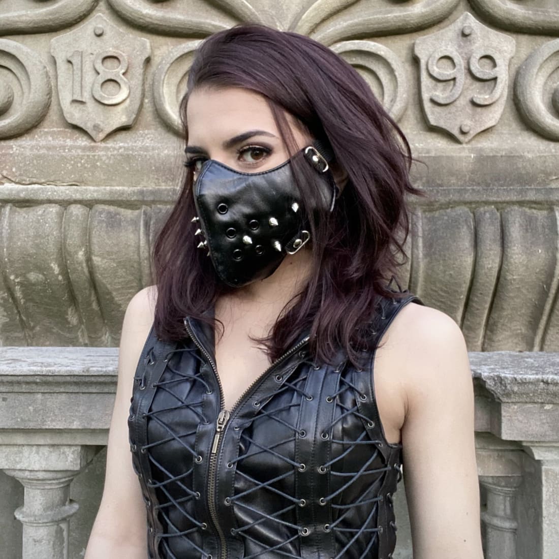 Leather Masquerade Mask Black Pleather Studded Spike