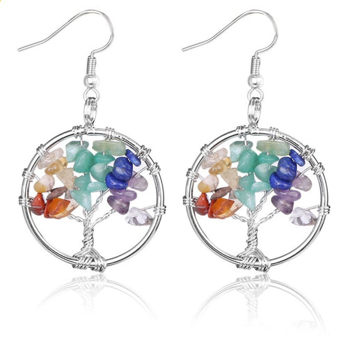 CSJA Tree of Life Women Drop Earrings Round Natural Chip Gem Stone Opal Tiger Eye White Crystal Dangle Hook Earring Jewelry E514 - Witch of Dusk