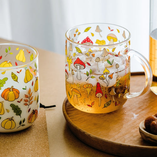 Heat-Resistant with Handle Glass Mug Breakfast Milk Cup Cute Office Home Coffee Mugs Lemon Mushroom Pumpkin Pattern Drinkware - Witch of Dusk
