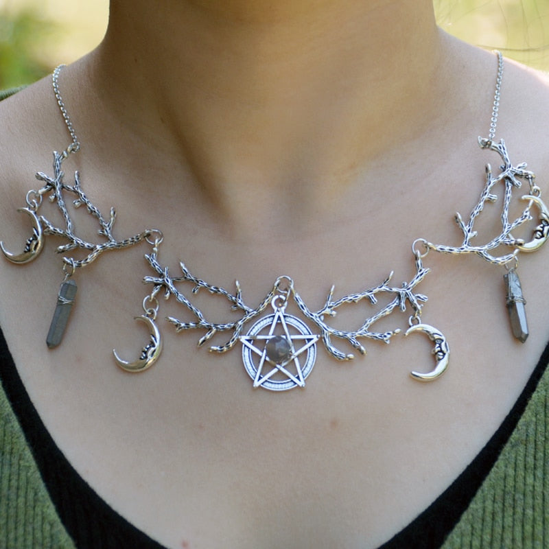 Crystal Moon and Branches Pentacle Necklace - Witch of Dusk