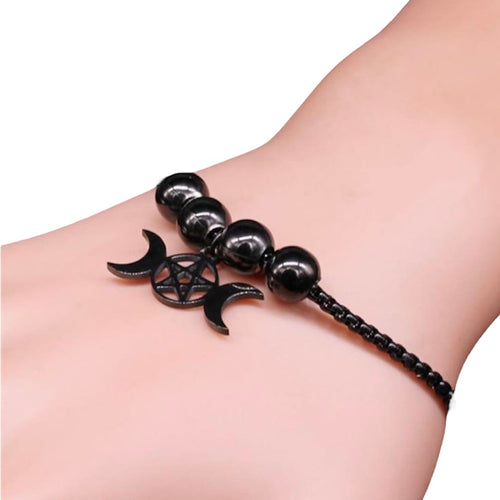 Black Bead Triple Moon Pentacle Bracelet - Witch of Dusk